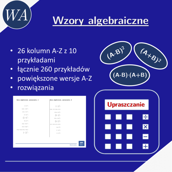 Wzory algebraiczne, upraszczanie | matematyka, algebra | 26 kolumn