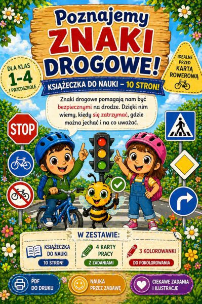 Znaki drogowe – książeczka + karty pracy + kolorowanki | kl. 1–5 | przygotowanie do karty rowerowej