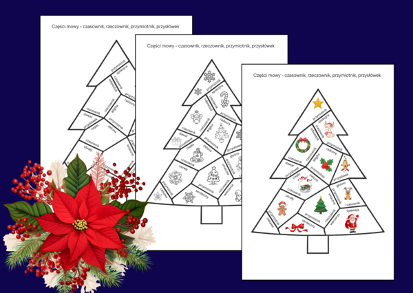 🎄 Świąteczne puzzle – choinka: CZĘŚCI MOWY  (czasownik, rzeczownik, przymiotnik, przysłówek) 🎄