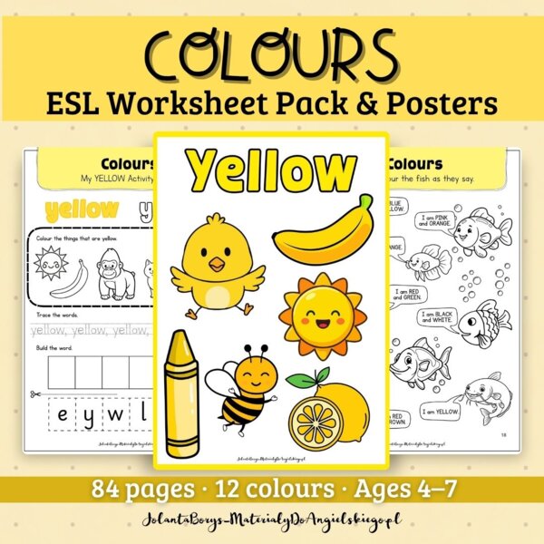 Colours – ćwiczenia, kart pracy, gry, plakaty | 84 strony | Angielski przedszkole / klasy 1–3
