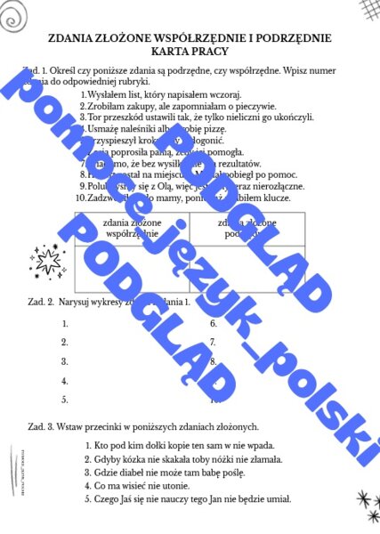 Zdania złożone współrzędnie i podrzędnie - karta pracy