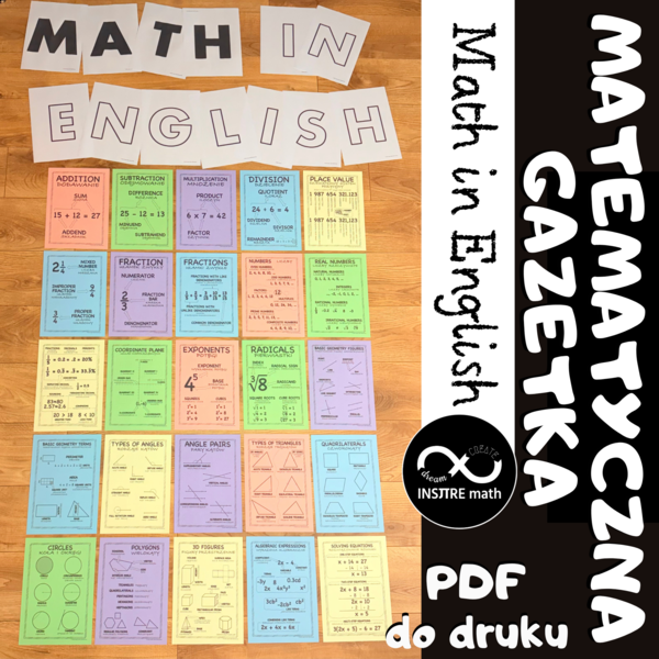 Matematyczna Gazetka Matematyka po angielsku, Math in English na początek roku szkolnego, na cały rok szkolny, 25 plansz + litery