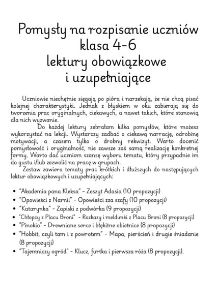 Pomysły na rozpisanie uczniów klasa 4-6 lektury obowiązkowe i uzupełniające