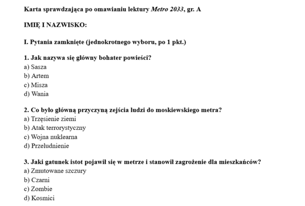 Matro 2033 - sprawdzian po omawianiu