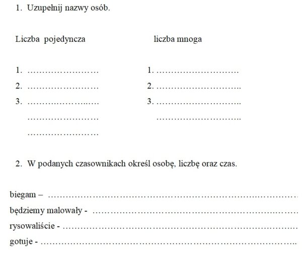 Odmiana czasownika - kartkówka, karta pracy