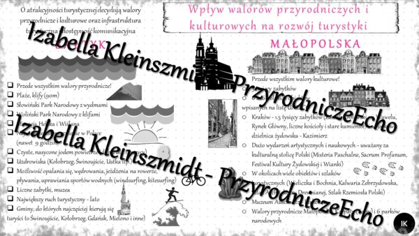 Sketchnotka - notatka " Wpływ walorów przyrodniczych i kulturowych na rozwój turystyki" wykonana w power point do edycji. Geografia 7; „Usługi w Polsce”