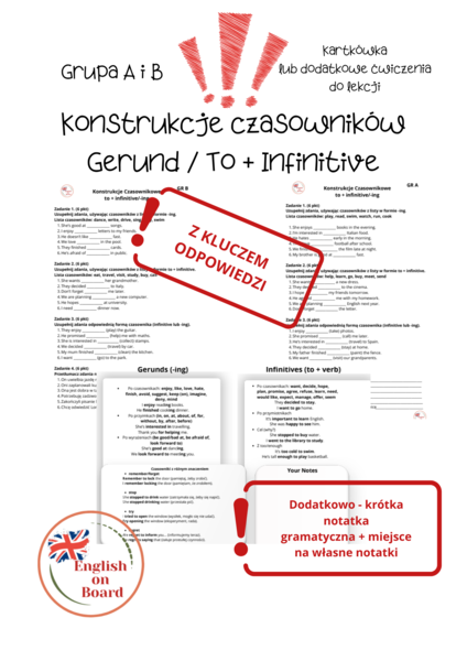 Konstrukcje czasowników Gerund / To + Infinitive - poziom A2/B1 - kartkówka lub dodatkowe ćwiczenia. Zestaw z KLUCZEM