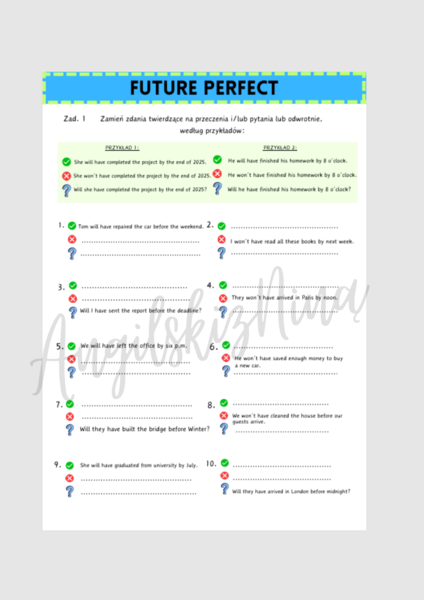 Future Perfect – czas przyszły – przekształcanie zdań – ćwiczenia – zdania twierdzące – przeczenia – pytania – karta pracy – matura rozszerzona