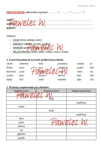 PRZYSŁÓWEK stopniowanie - karta pracy, sprawdzian, kartkówka - kl. 5