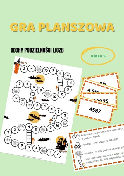 Cechy podzielności liczb, klasa 5, gra planszowa, halloween, egzamin ósmoklasisty