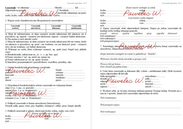 CZASOWNIK i jego formy - sprawdzian, karta pracy, kl. 5 bezokolicznik + odpowiedzi