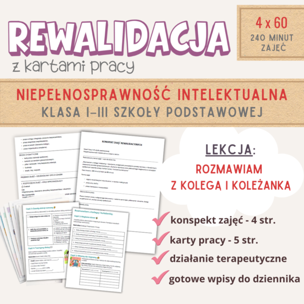 Rewalidacja – Rozmawiam z kolegą i koleżanką. Scenariusz z kartami pracy. Niepełnosprawność intelektualna kl. I-III