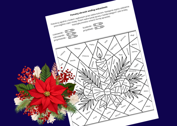CZĘŚCI MOWY - Kolorowanka ze stroikiem bożonarodzeniowym – edukacyjna i świąteczna! Boże Narodzenie - GRAMATYKA - nauka o języku - klasy 4-8