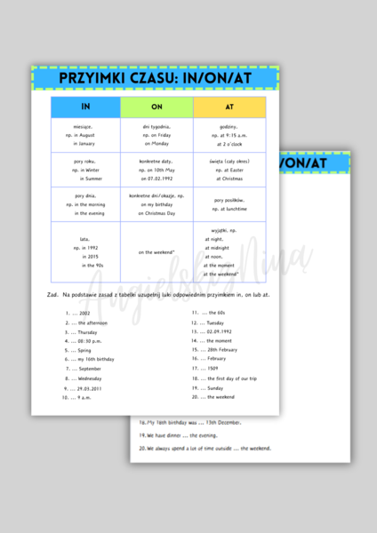 IN / ON / AT - przyimki czasu - prepositions of time - karta pracy - ćwiczenia - angielski - A2 / B1 + gra na Wordwall