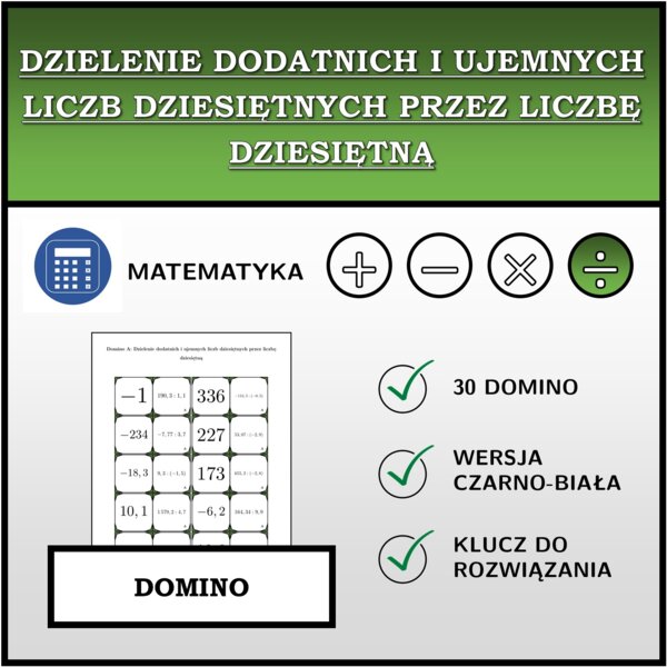Domino - Dzielenie dodatnich i ujemnych liczb dziesiętnych przez liczbę dziesiętną | matematyka