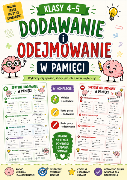 Dodawanie i odejmowanie w pamięci – wklejka + karty pracy | Klasy 4–5