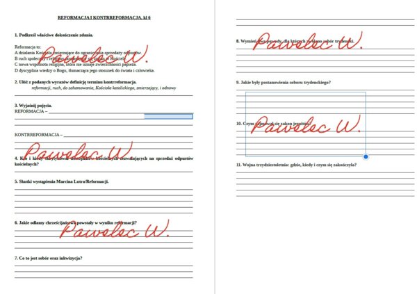 Reformacja i kontrreformacja klasa 6 - sprawdzian, kartkówka, karta pracy