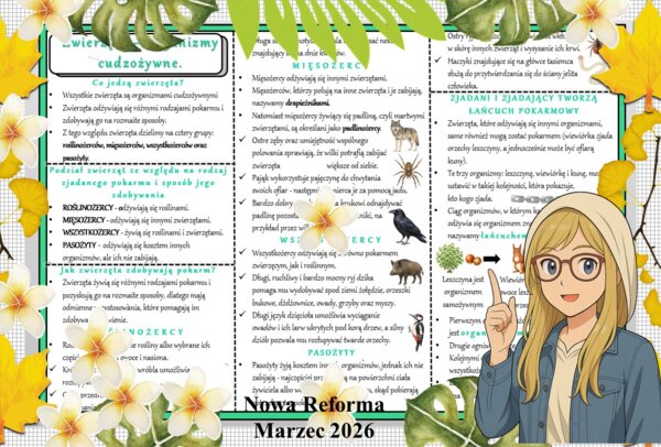 Sketchnotka/notatka - dla ucznia i przypomnienie dla nauczyciela w pdf. Temat "Zwierzęta - organizmy cudzożywne". Przyroda 4. "Odkrywam przyrodę" zgodna z wydawnictwem Nowa Era. Dział "Jak działają organizmy?".