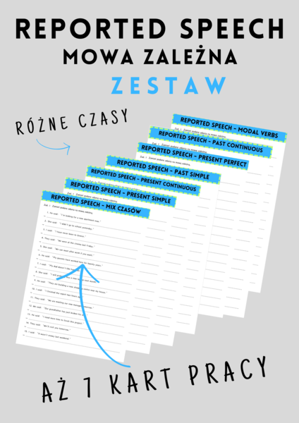 ZESTAW: Reported Speech - Mowa Zależna -7 kart pracy - różne czasy - ćwiczenia - do wydrukowania  - matura - B2 -  .pdf