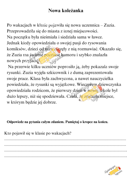 Czytanie ze zrozumieniem + pytania. KLASA 2-4. "Powrót do szkoły", "Nowa koleżanka", "Samorząd klasowy"