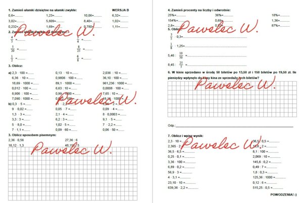 UŁAMKI DZIESIĘTNE mnożenie i dzielenie - karty pracy, zadania, sprawdzian, kl. 5, 6
