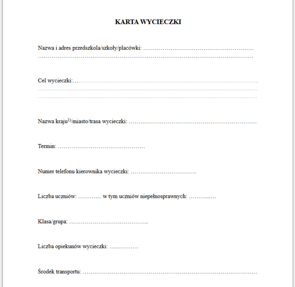 Pakiet - Karta wycieczki - wzór