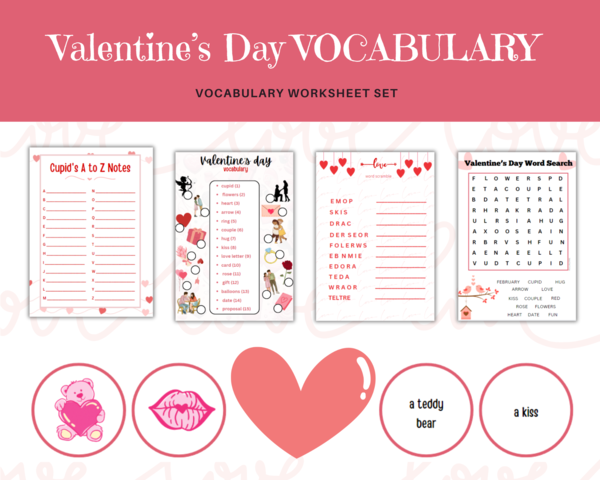 Valentine's Day Vocabulary - Angielski na Waletynki, zestaw 4 kart pracy do ćwiczenia słownictwa związanego z miłością, związkami i walentynkami + dodatkowa gra memory z 18 słówkami