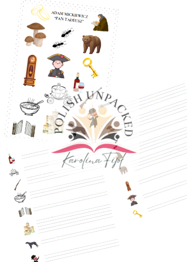 Ikony (obrazki) do lektury "Pan Tadeusz" Adama Mickiewicza, język polski, egzamin ósmoklasisty, lektura obowiązkowa klasa 7-8