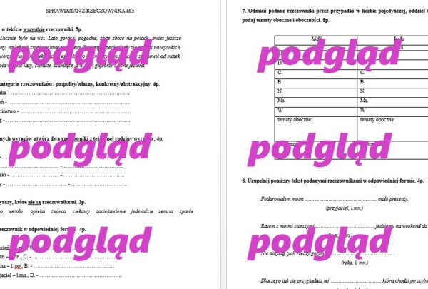 Rzeczownik - sprawdzian dla kl. 5 - 6