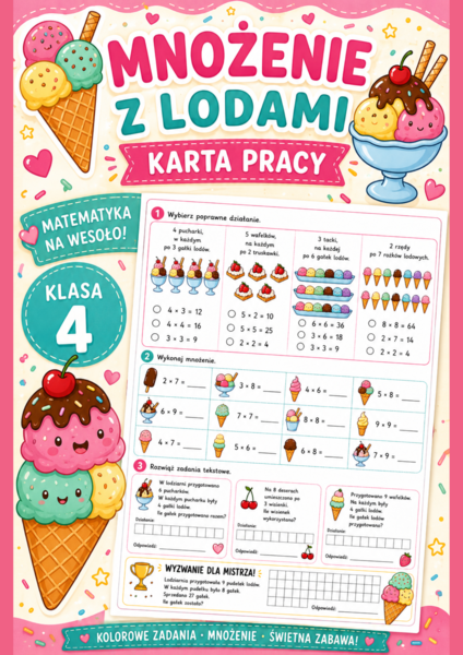 🍦 Mnożenie z lodami – karta pracy utrwalająca tabliczkę mnożenia | Klasy 3–4