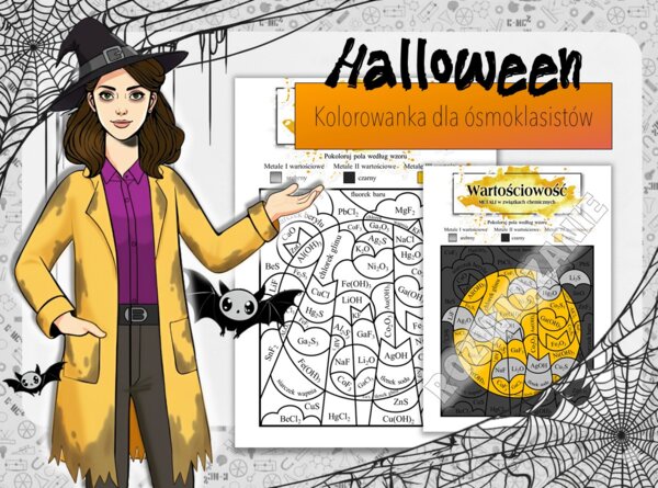Klasa 8. Chemia. Określanie wartościowości metali w związkach chemicznych. Halloween. Chemiczna kolorowanka. Karta pracy. Zadanie.