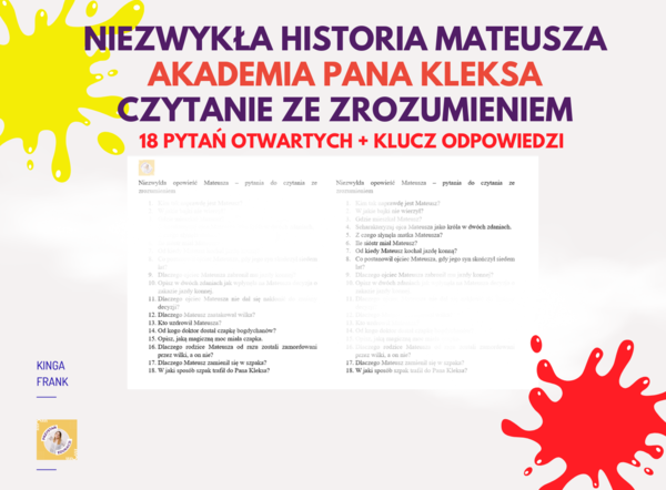 📚 Karta pracy, czytanie ze zrozumieniem do rozdziału „Niezwykła opowieść Mateusza” - „Akademia Pana Kleksa”! 🌟