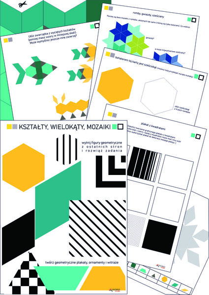 Kształty, figury geometryczne, mozaiki, wielokąty - geometria dla dzieci, dla przedszkola (wytnij i przyklej) , kwadrat, sześciokąt, trapez, trójkąt, romb, tangram
