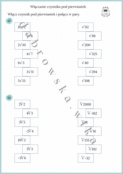 Włączanie czynnika pod znak pierwiastka - karta pracy