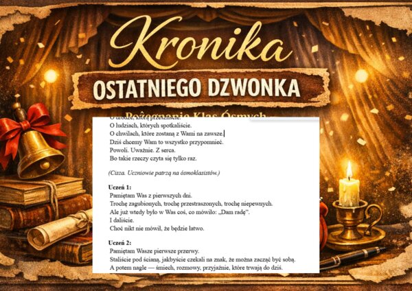 Scenariusz pożegnania klas 8- Kronika Ostatniego Dzwonka (Występują uczniowie klas 8)