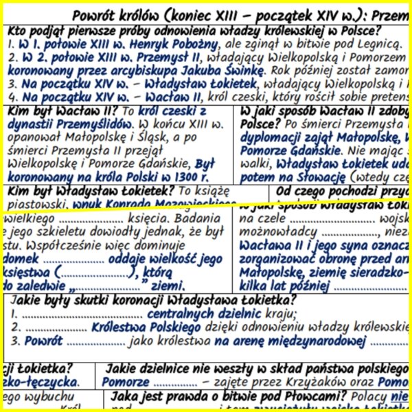 Powrót królów (koniec XIII – początek XIV w.): Przemysł II, Wacław II, Władysław Łokietek – notatki i karta pracy