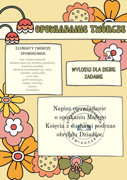 Karty z tematami opowiadań twórczych z podpowiedziami