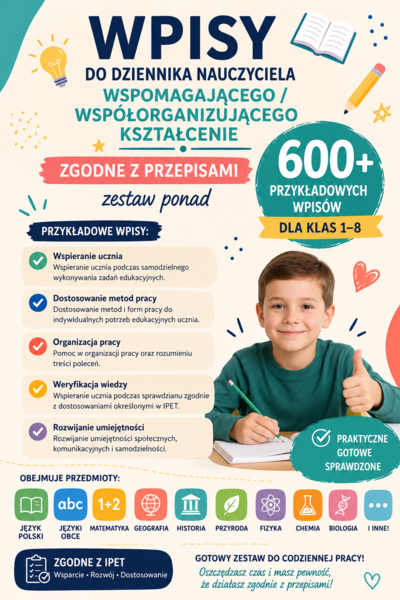 Wpisy do dziennika nauczyciela wspomagającego / współorganizującego kształcenie pakiet ponad 600 wpisów