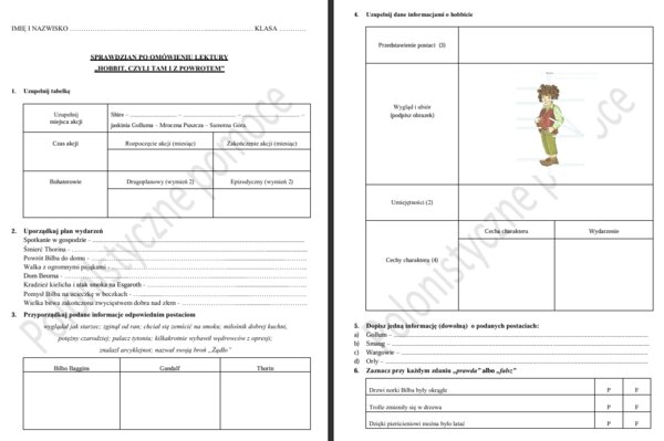 Sprawdzian po omówieniu lektury "Hobbit, czyli tam i z powrotem"
