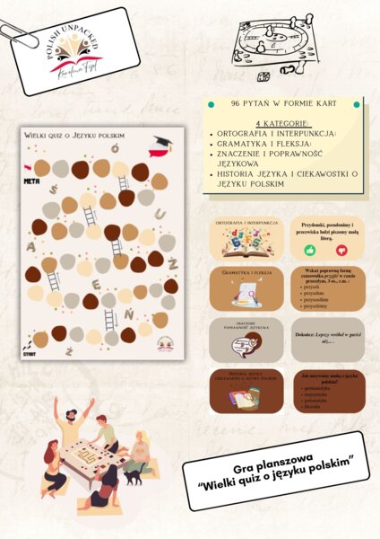 Gra planszowa z kartami "Wielki quiz o języku polskim" dla klas 4-8, Miesiąc Języka Ojczystego