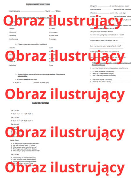 English Class A2 unit 7 test (sprawdzian / praca klasowa)