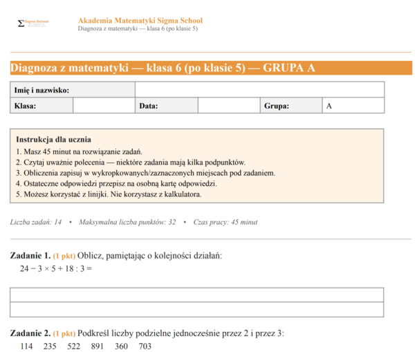 Diagnoza z matematyki na początek klasy 6 (po klasie 5)