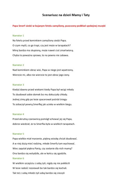 Scenariusz przedstawienia Smerfy w poszukiwaniu Smerfnej Mamy