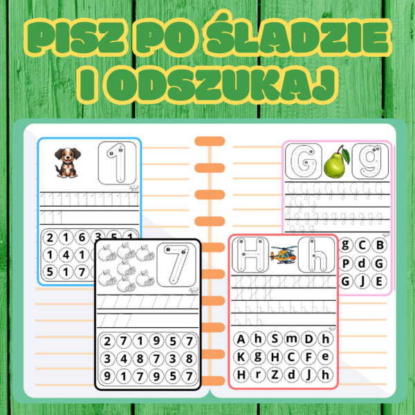 Zestaw ćwiczeń: nauka cyfr i liter – pisz po śladzie i odszukaj