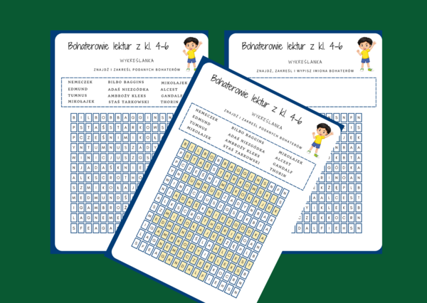 BOHATEROWIE LEKTUR z klas 4-6 - wykreślanka - powtórka