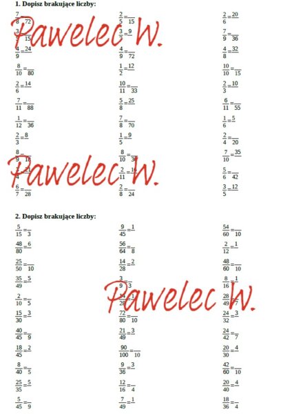 Rozszerzanie i skracanie ułamków zwykłych - karta pracy, sprawdzian, kl. 4, kl. 5, kl. 6 przykłady II