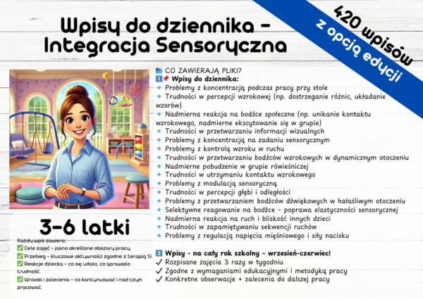 SI Integracja Sensoryczna Wpisy do dziennika z Integracji Sensorycznej - 3-6 latki gotowe ćwiczenia