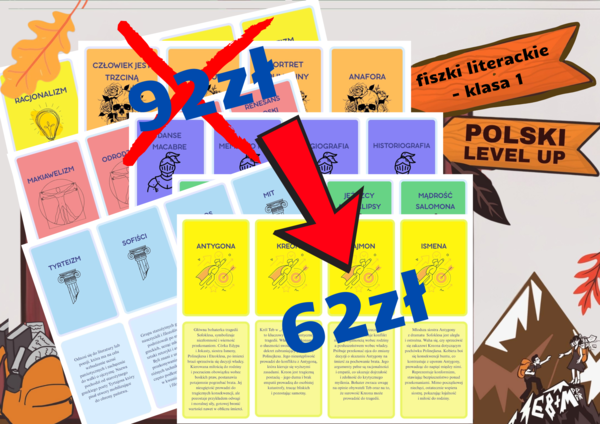 fiszki literackie_klasa1_PAKIET 264 pojęcia+ 100 bohaterów (7 elementów)_Polski Level Up