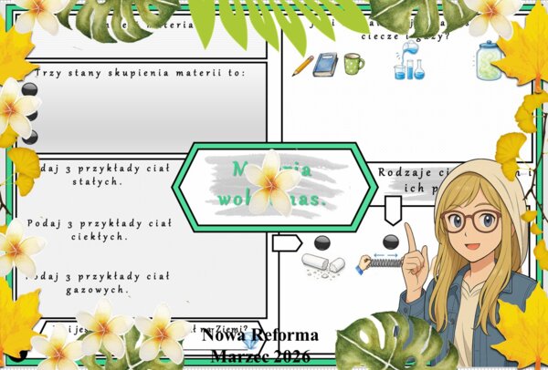 Karta pracy z przyrody do klasy 4 "Materia wokół nas". Przygotowana na podstawie podręcznika „Odkrywam przyrodę” wydawnictwa Nowa Era. Dział "Obserwuję zjawiska przyrodnicze".