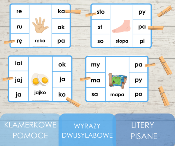 Klamerkowe pomoce - wyrazy dwusylabowe - litery pisane